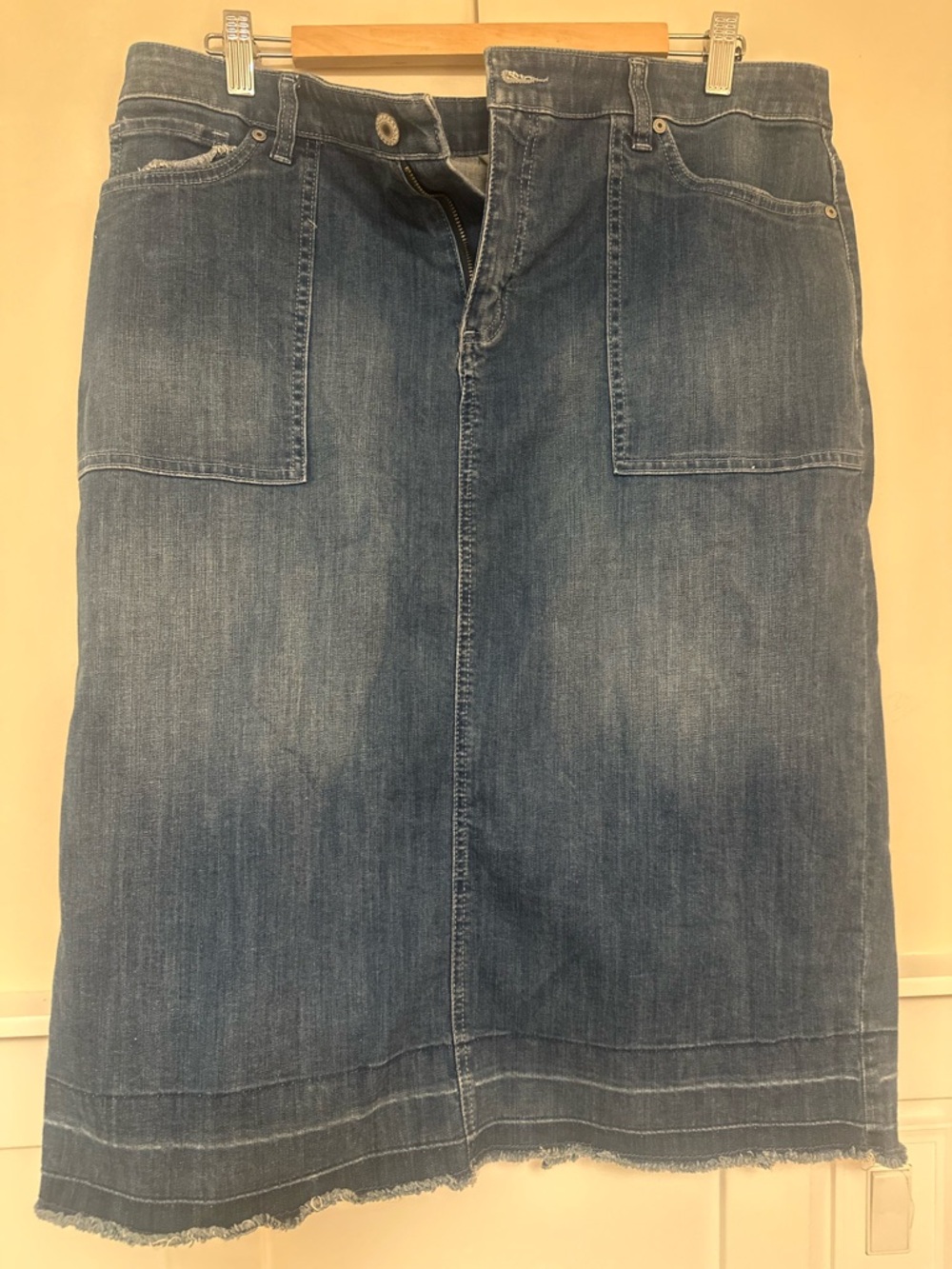 Christopher & Banks (size 12) Denim Pencil Skirt in Blue, Raw Edge Detail Hem